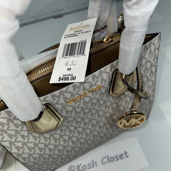 Michael Kors Mercer Medium Signature Logo Metallic Crossbody Bag  Pale Gold - Picture 8 of 11